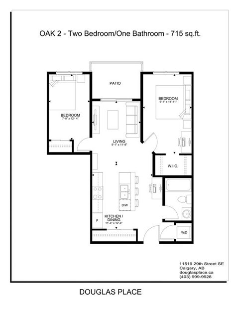 Floor plan for 2 beds, 1 bath, 715 sqft